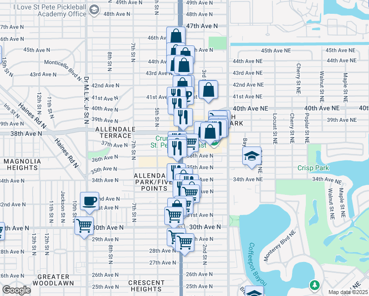 map of restaurants, bars, coffee shops, grocery stores, and more near 3637 4th Street North in St. Petersburg