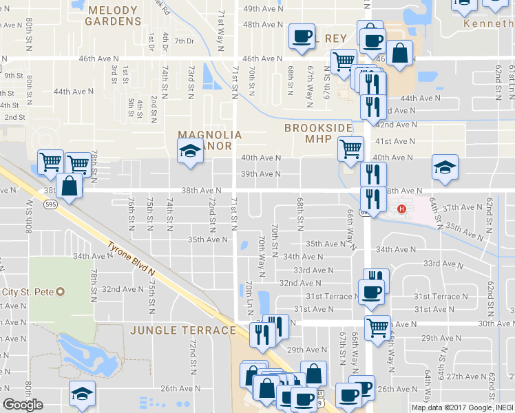 map of restaurants, bars, coffee shops, grocery stores, and more near 3700 69th Way North in Saint Petersburg