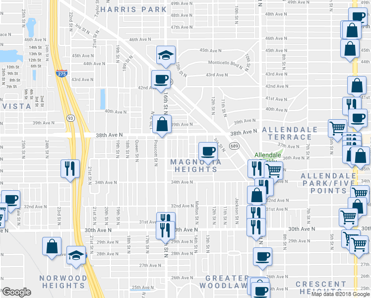 map of restaurants, bars, coffee shops, grocery stores, and more near 3638 14th Street North in St. Petersburg