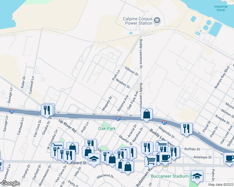 map of restaurants, bars, coffee shops, grocery stores, and more near 4101 Huisache Street in Corpus Christi