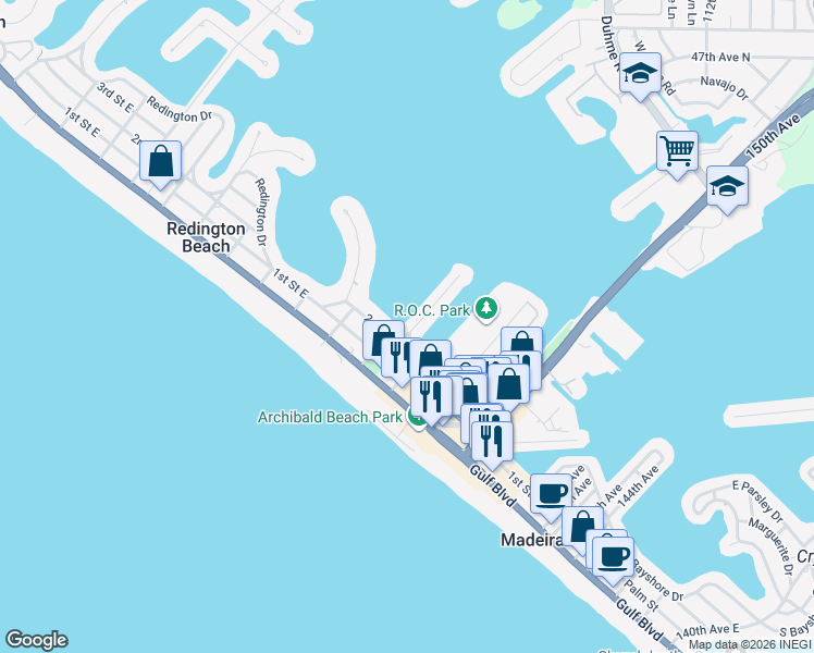 map of restaurants, bars, coffee shops, grocery stores, and more near 15305 Harbor Drive in Madeira Beach