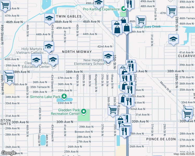 map of restaurants, bars, coffee shops, grocery stores, and more near 3701 Kingston Street North in St. Petersburg