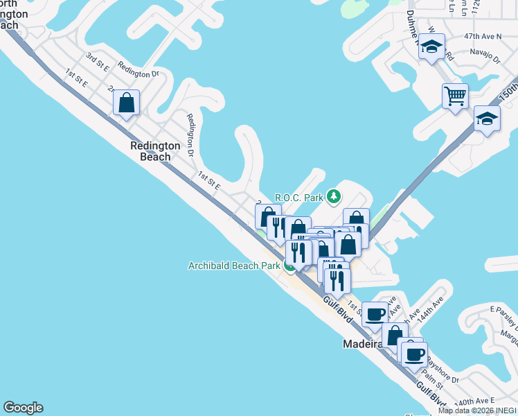 map of restaurants, bars, coffee shops, grocery stores, and more near 15424 2nd Street East in Madeira Beach
