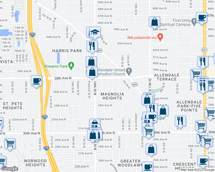 map of restaurants, bars, coffee shops, grocery stores, and more near 3638 14th Street North in St. Petersburg