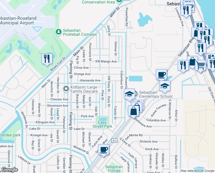 map of restaurants, bars, coffee shops, grocery stores, and more near 362 Southwest Easy Street in Sebastian