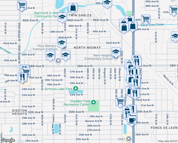 map of restaurants, bars, coffee shops, grocery stores, and more near 3705 40th Street North in St. Petersburg