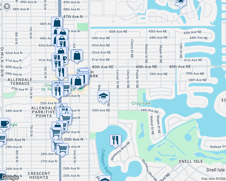 map of restaurants, bars, coffee shops, grocery stores, and more near 354 37th Avenue Northeast in St. Petersburg