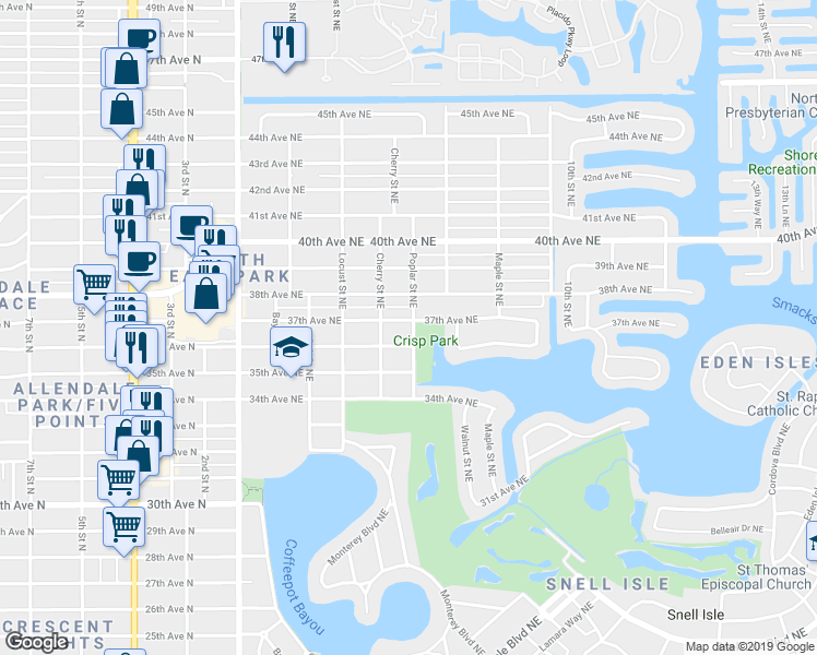 map of restaurants, bars, coffee shops, grocery stores, and more near 3630 Poplar Street Northeast in St. Petersburg