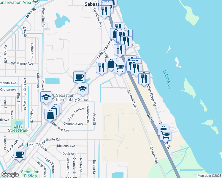 map of restaurants, bars, coffee shops, grocery stores, and more near 6945 Woodmere Road in Sebastian