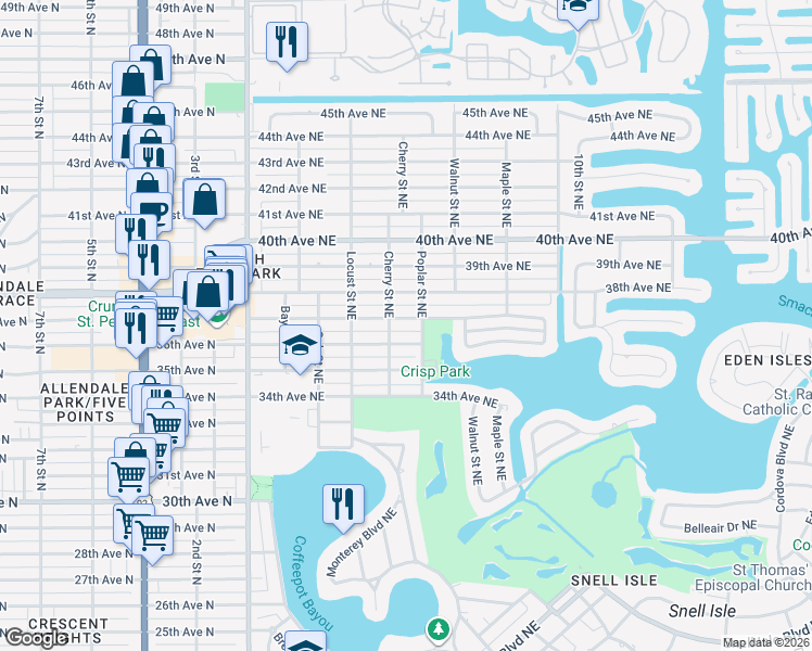 map of restaurants, bars, coffee shops, grocery stores, and more near 3630 Poplar Street Northeast in St. Petersburg