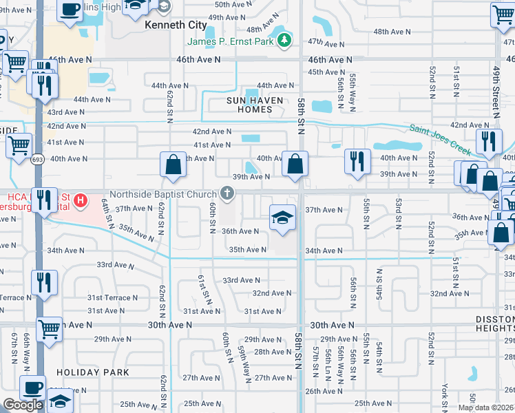 map of restaurants, bars, coffee shops, grocery stores, and more near 5890 38th Avenue North in St. Petersburg