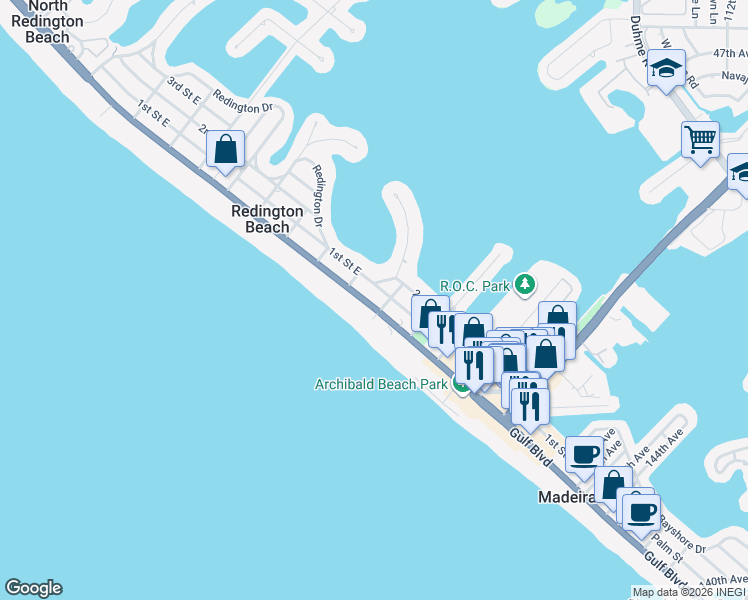 map of restaurants, bars, coffee shops, grocery stores, and more near 15517 Gulf Boulevard in Redington Beach