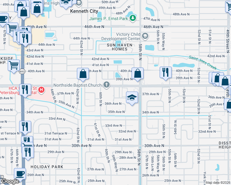 map of restaurants, bars, coffee shops, grocery stores, and more near 3732 59th Way North in St. Petersburg
