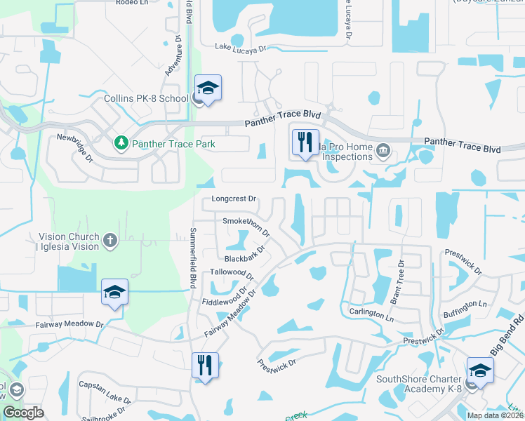 map of restaurants, bars, coffee shops, grocery stores, and more near 12603 Longcrest Drive in Riverview