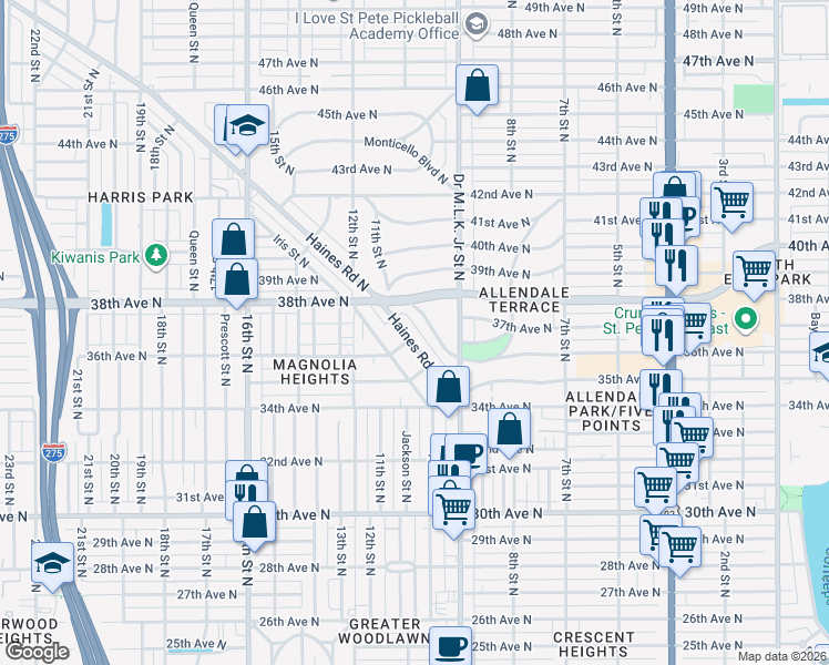 map of restaurants, bars, coffee shops, grocery stores, and more near 3601 Haines Road North in St. Petersburg