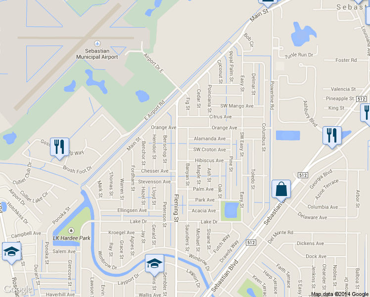 map of restaurants, bars, coffee shops, grocery stores, and more near 362 Banyan Street in Sebastian