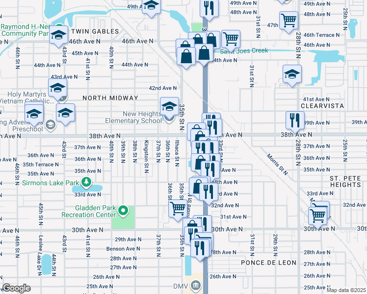 map of restaurants, bars, coffee shops, grocery stores, and more near 3700 35th Street North in St. Petersburg
