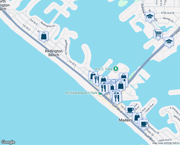 map of restaurants, bars, coffee shops, grocery stores, and more near 15424 2nd Street East in Madeira Beach