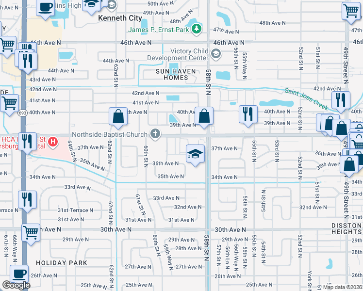 map of restaurants, bars, coffee shops, grocery stores, and more near 5890 38th Avenue North in St. Petersburg