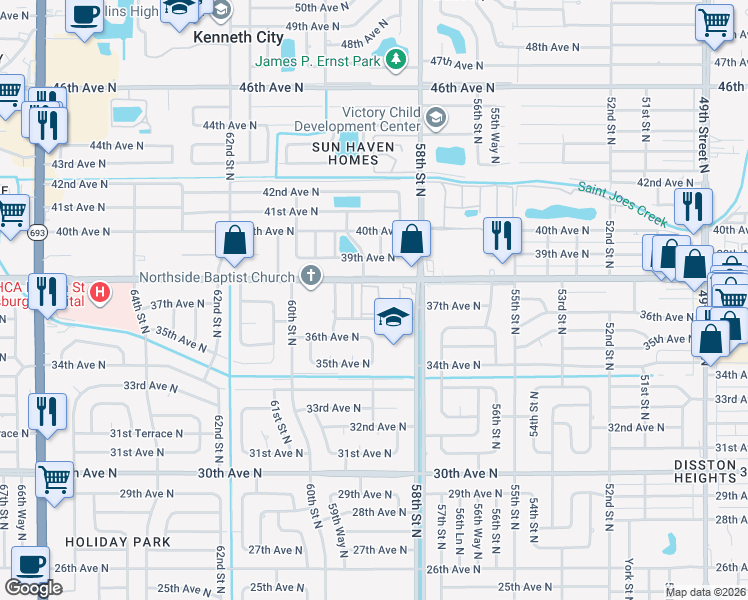 map of restaurants, bars, coffee shops, grocery stores, and more near 5890 38th Avenue North in St. Petersburg