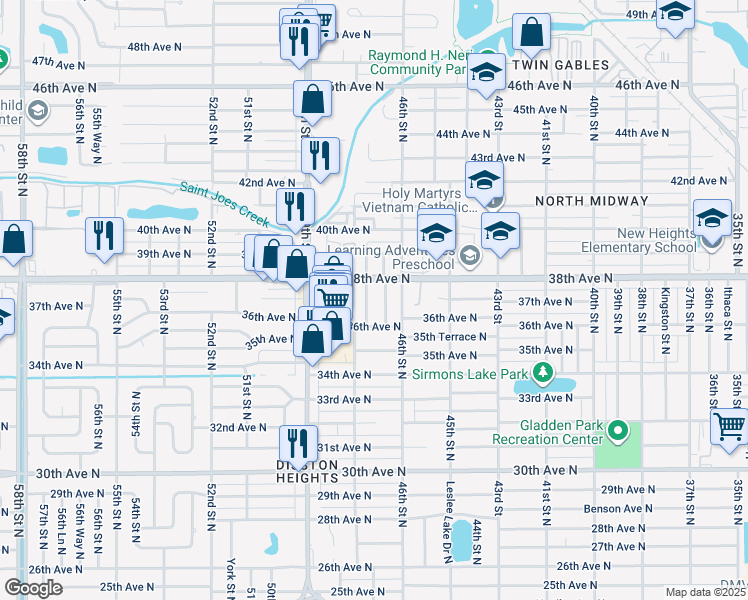 map of restaurants, bars, coffee shops, grocery stores, and more near 3645 Tifton Street North in St. Petersburg