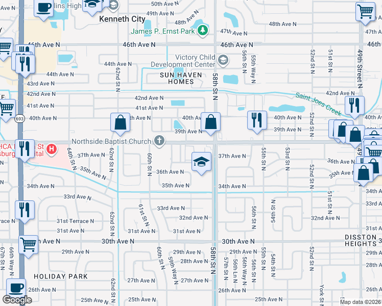 map of restaurants, bars, coffee shops, grocery stores, and more near 5890 38th Avenue North in St. Petersburg