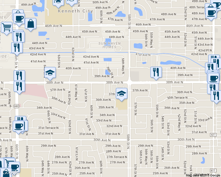 map of restaurants, bars, coffee shops, grocery stores, and more near 5890 38th Avenue North in St. Petersburg