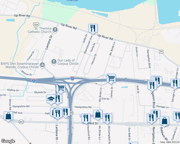 map of restaurants, bars, coffee shops, grocery stores, and more near 1030 Vernon Drive in Corpus Christi