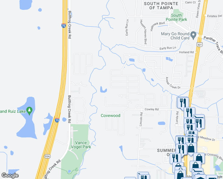 map of restaurants, bars, coffee shops, grocery stores, and more near 12715 Lemon Pepper Drive in Riverview