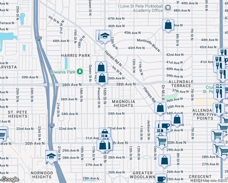 map of restaurants, bars, coffee shops, grocery stores, and more near 3638 14th Street North in St. Petersburg