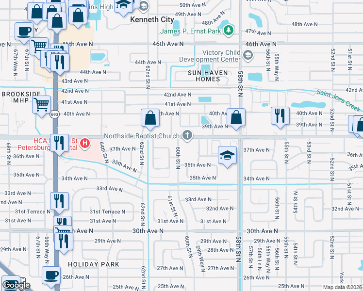 map of restaurants, bars, coffee shops, grocery stores, and more near 3661 60th Street North in St. Petersburg