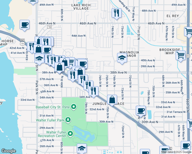 map of restaurants, bars, coffee shops, grocery stores, and more near 7750 38th Avenue North in St. Petersburg