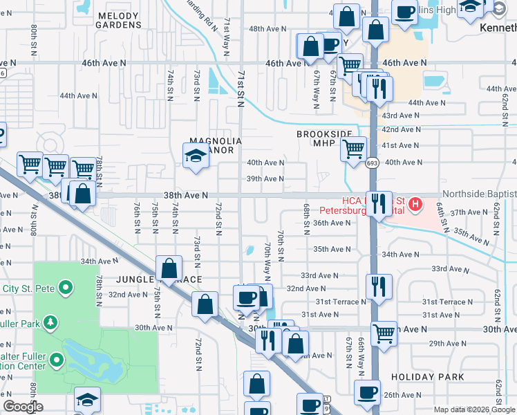 map of restaurants, bars, coffee shops, grocery stores, and more near 3700 69th Way North in St. Petersburg