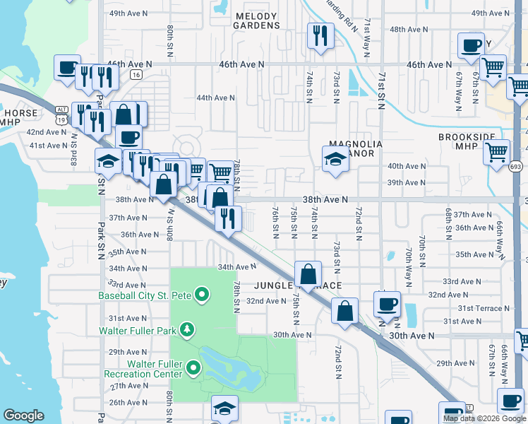 map of restaurants, bars, coffee shops, grocery stores, and more near 7750 38th Avenue North in St. Petersburg