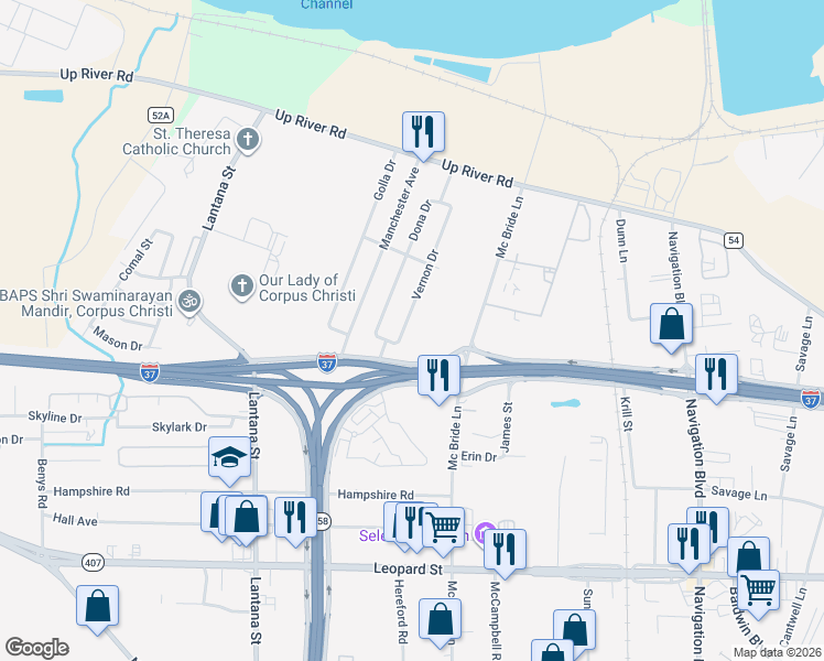 map of restaurants, bars, coffee shops, grocery stores, and more near 1030 Vernon Drive in Corpus Christi