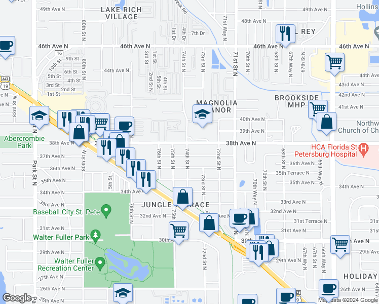 map of restaurants, bars, coffee shops, grocery stores, and more near 3701 74th Street North in Saint Petersburg