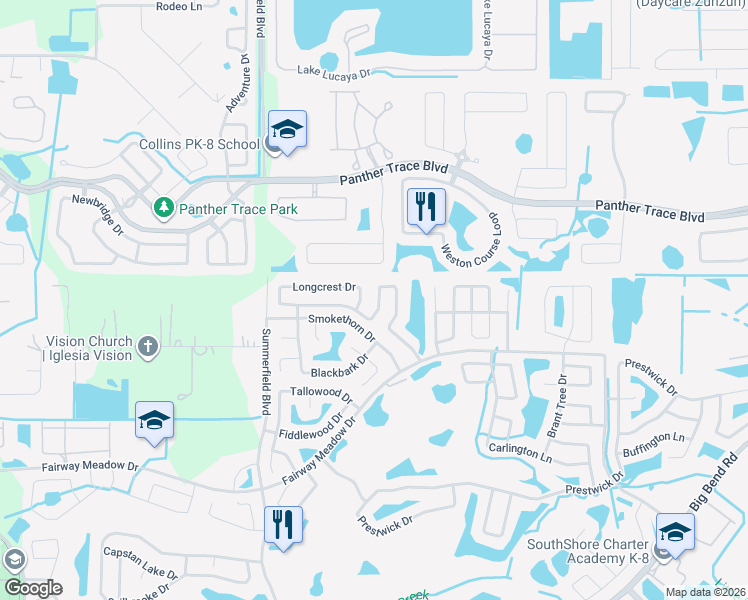 map of restaurants, bars, coffee shops, grocery stores, and more near 12822 Longcrest Drive in Riverview