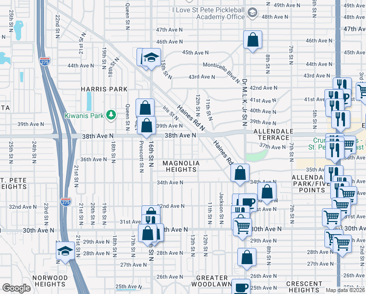 map of restaurants, bars, coffee shops, grocery stores, and more near 1246 37th Avenue North in St. Petersburg