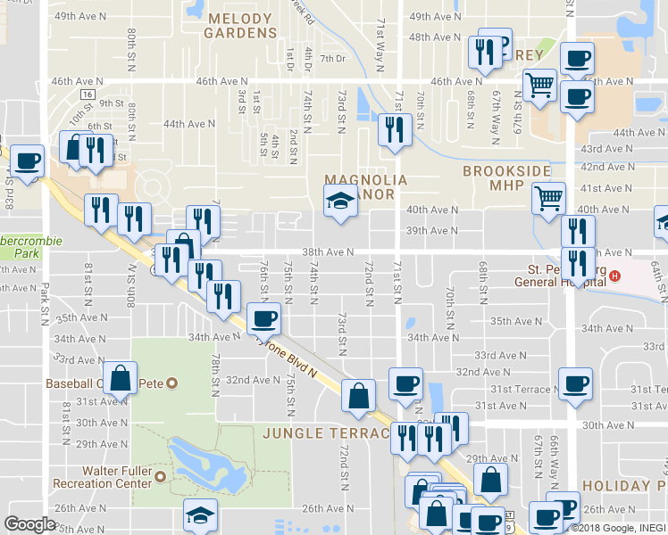 map of restaurants, bars, coffee shops, grocery stores, and more near 7313 37th Avenue North in Saint Petersburg