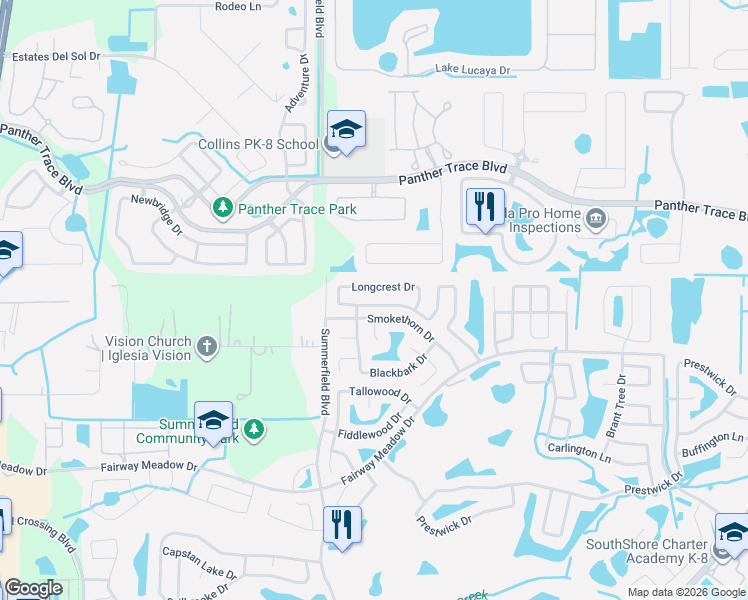 map of restaurants, bars, coffee shops, grocery stores, and more near 12719 Longcrest Drive in Riverview