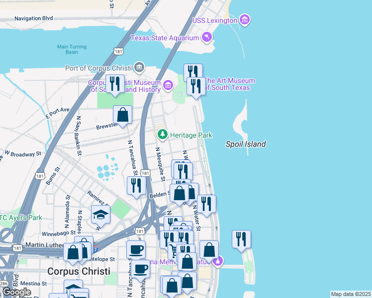 map of restaurants, bars, coffee shops, grocery stores, and more near 1508 North Water Street in Corpus Christi