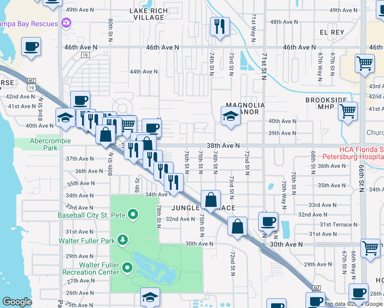map of restaurants, bars, coffee shops, grocery stores, and more near 7537 37th Avenue North in Saint Petersburg