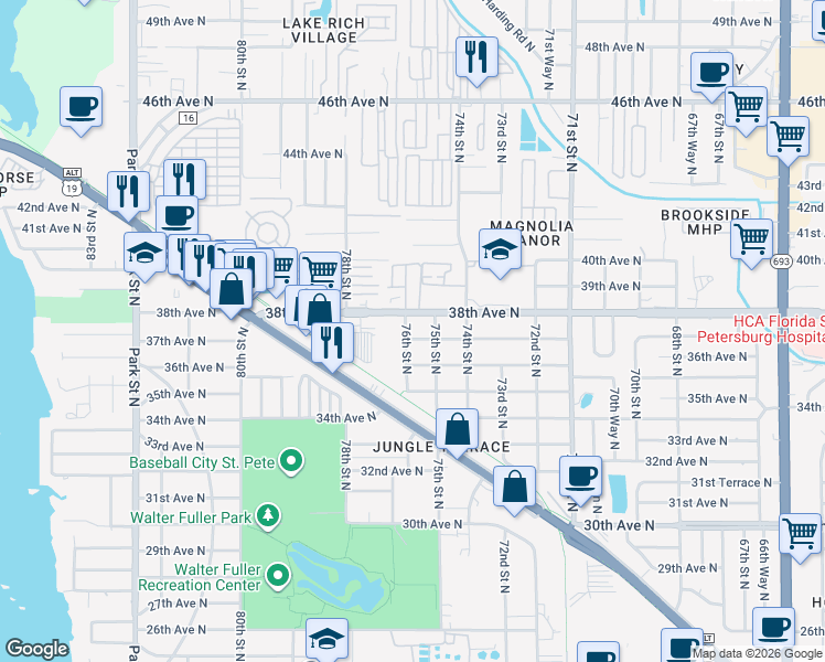 map of restaurants, bars, coffee shops, grocery stores, and more near 7537 37th Avenue North in St. Petersburg