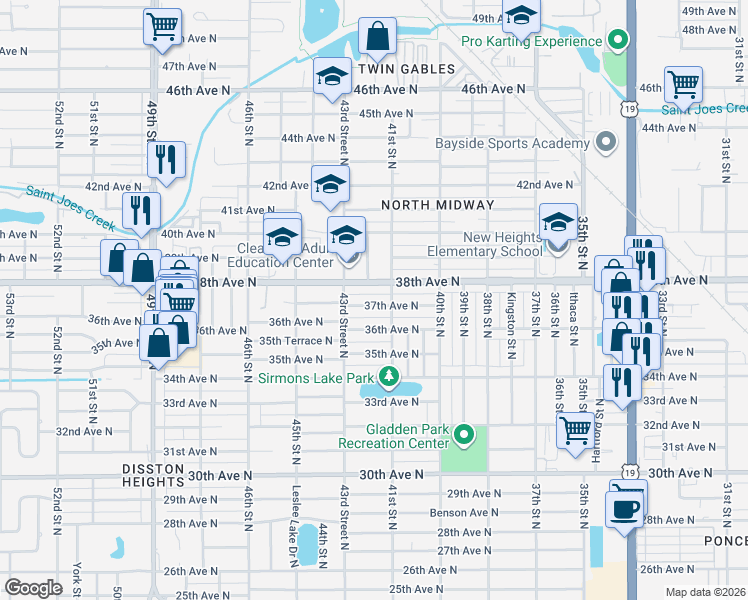 map of restaurants, bars, coffee shops, grocery stores, and more near 4117 37th Avenue North in St. Petersburg