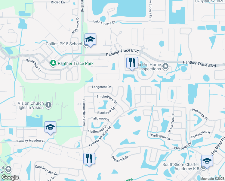 map of restaurants, bars, coffee shops, grocery stores, and more near 12603 Longcrest Drive in Riverview