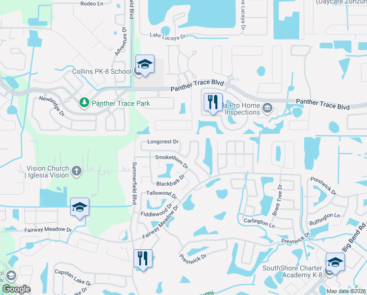 map of restaurants, bars, coffee shops, grocery stores, and more near 12603 Longcrest Drive in Riverview