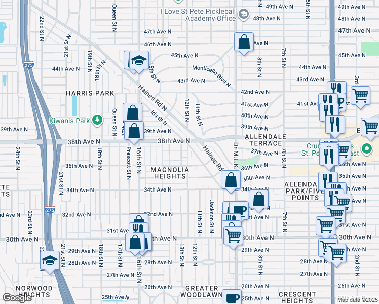 map of restaurants, bars, coffee shops, grocery stores, and more near 3650 Jessup Court North in Saint Petersburg