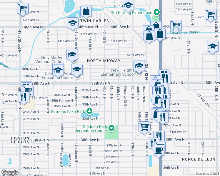 map of restaurants, bars, coffee shops, grocery stores, and more near 3718 39th Street North in Saint Petersburg