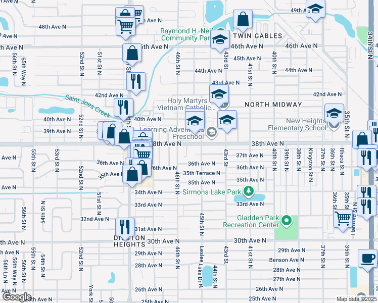 map of restaurants, bars, coffee shops, grocery stores, and more near 3727 45th Way North in Saint Petersburg