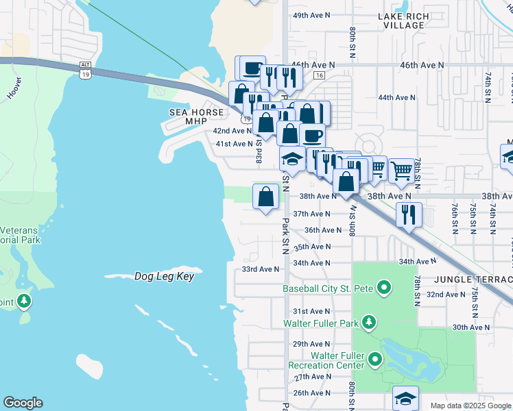 map of restaurants, bars, coffee shops, grocery stores, and more near 8251 37th Avenue North in St. Petersburg